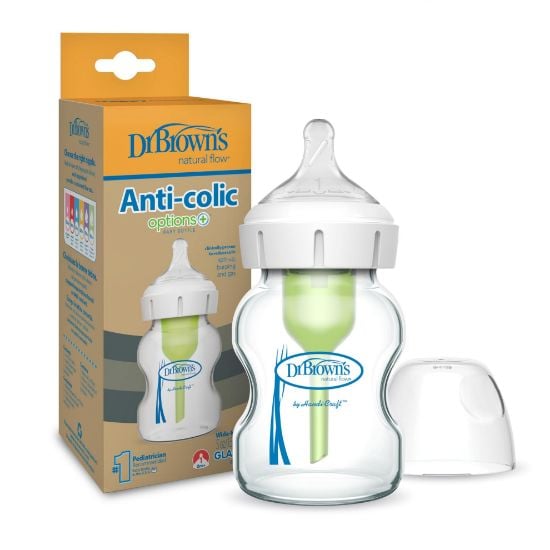 Dr. Brown's Natural Flow Anti-Colic Options+ Wide-Neck Glass Baby Bottle 5 oz/150 mL, with Level 1 Slow Flow Nipple, 1 Pack, 0m+