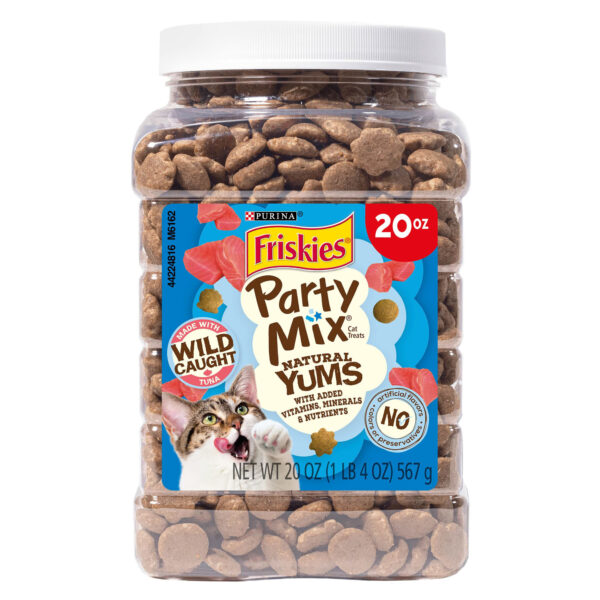 Purina Friskies Natural Cat Treats, Party Mix Natural Yums With Wild Caught Tuna and added vitamins, minerals and nutrients - 20 oz. Canister