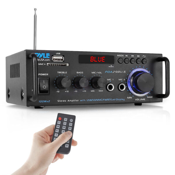 Pyle Stereo Power Amplifier 200 W Peak w/ Bluetooth Wireless, LED Display, Dual Channel Audio Stereo Receiver w/ RCA, USB, SD, MIC in, FM Radio, Perfect For Home Computer via RCA - PDA29BU.5