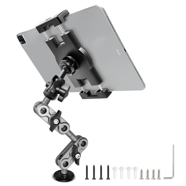 Porfortop Aluminum Heavy Duty Drill Base Tablet Holder Car Mount Dashboard, 14.2? Long 360?3-Stage Metal Stand Bracket for 4.7-12.9" iPad Pro/Air/Mini/Samsung Galaxy Tab, for Car Auto Truck Wall Desk