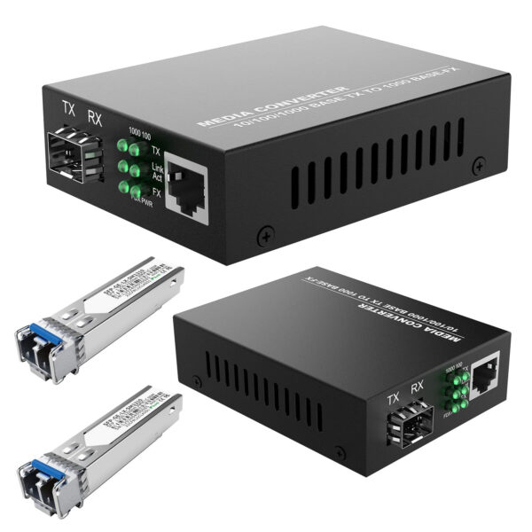 2Pack SFP LC SingleMode Fiber to Ethernet Media Converter, Included 2PCS Bidi SFP Dual LC Gigabit Transceiver Modules, 1.25Gbps, 1000Base-LX to 10/100/1000Base-TX, 1310nm, SMF, Up to 20KM Transmission