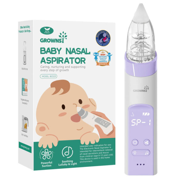 GROWNSY Nasal Aspirator for Baby, Electric Baby Nose Sucker, Automatic Nose Cleaner with 3 Silicone Tips, Adjustable Suction Level, Music and Light Soothing Function, Purple