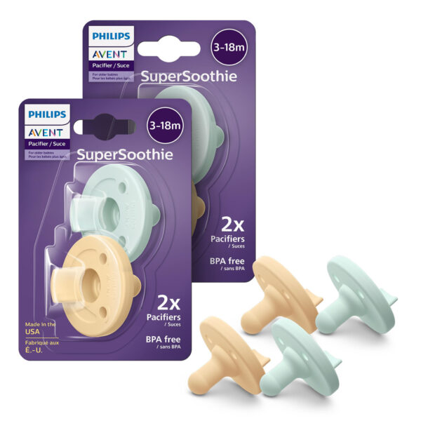 Philips Avent Soothie 3-18 Months Orthodontic Baby Pacifiers, 100% Silicone Pacifiers, One Piece, BPA-Free, 2 Green and 2 Yellow, 4 Pack, Model SCF192/72