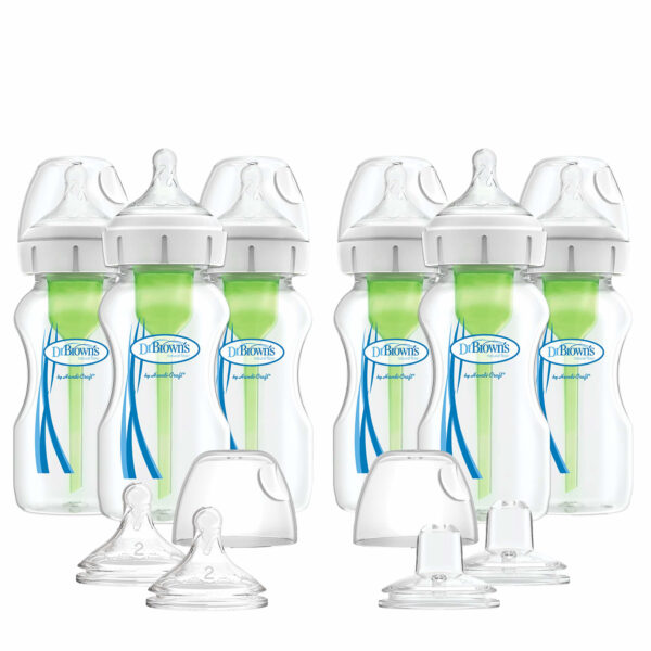 Dr. Brown’s Natural Flow® Anti-Colic Options+™ Wide Baby Bottles, 9 oz/270ml, with Level 1 Slow Flow Nipple, 6 Pack Plus 2 Bonus Level 2 Nipples and 2 Sippy Spouts