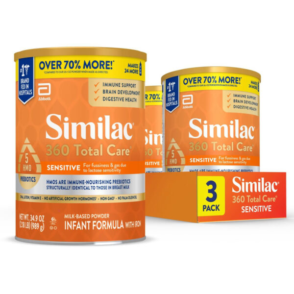 Similac 360 Total Care Sensitive Infant Formula for Fussiness & Gas Due to Lactose Sensitivity, Has 5 HMO Prebiotics, Non-GMO, Baby Formula Powder, 34.9-oz Value Can, Pack of 3
