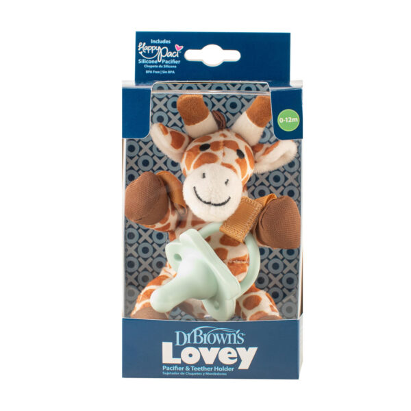 Dr. Brown's Baby Lovey Pacifier & Teether Holder, 0-12m, Giraffe with Light Green HappyPaci, 100% Silicone, 0-6 m (Packaging May Vary)