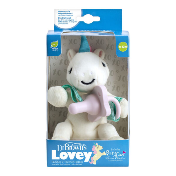 Dr. Brown's Baby Lovey Pacifier and Teether Holder, Unicorn with Pink HappyPaci, 100% Silicone, 0-6m