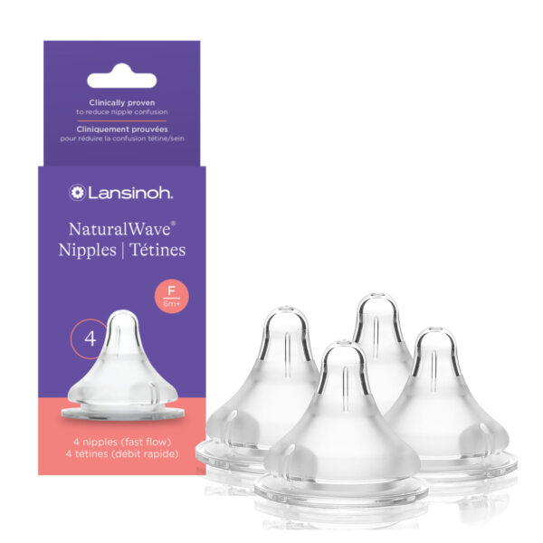 Lansinoh NaturalWave Baby Bottle Nipples - 100% Soft, Durable Silicone, Made Without BPA BPS, Anti-Colic, Supports The Baby’s Developing Mouth and Teeth, Fast Flow, Size F, 4 Count, 6+ Months