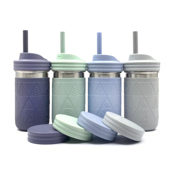 Elk and Friends Stainless Steel Cups |14 oz Mason Jar design | Kids & Toddler Cups with Silicone Sleeves & Straws with Stopper | Smoothie Cups | Dishwasher Safe