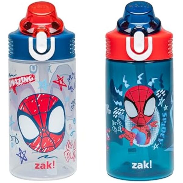 Zak Designs Marvel Spider-Man Sage Kids Water Bottle For School or Travel, 16oz Durable Plastic Water Bottle With Straw, Handle, and Leak-Proof Spout Cover, 2-Pack (Spidey and His Amazing Friends)