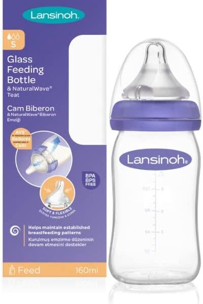 Lansinoh Glass Baby Bottle with NaturalWave Teat (160 ml), Anti-colic, Premium heat & thermal shock-resistant glass, Slow Flow soft & flexible silicone teat, BPA & BPS free, Purple