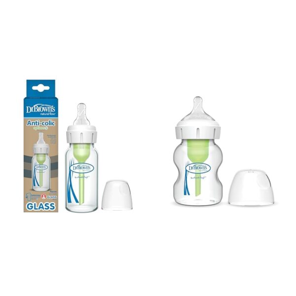 Dr. Brown's Natural Flow Anti-Colic Options+ Narrow & Wide-Neck Glass Baby Bottle 5 oz/150 mL, Level 1 Slow Flow Nipple, 1 Pack, 0m+
