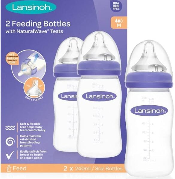 Lansinoh Baby Bottle Pack of 2 with NaturalWave Teat (240 ml), Anti-colic, Plastic 100% BPA & BPS free, Medium Flow silicone teat which is soft and flexible, purple