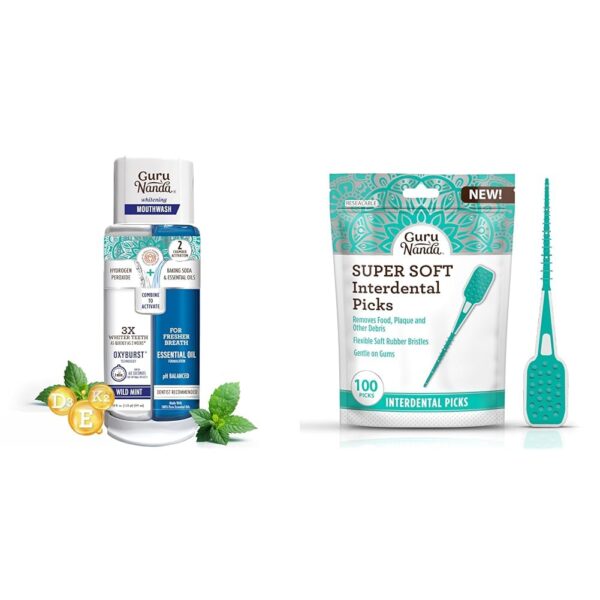 GuruNanda Dual Barrel Whitening Mouthwash with Essential Oils & Interdental Picks for Teeth Cleaning (Pack of 100)