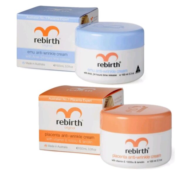 Set of 2 Rebirth Placenta Anti Wrinkle Cream Day Cream 100 Ml. + Rebirth Emu Anti-Winkle with AHA Night Cream 100 Ml. by Rebirth INC