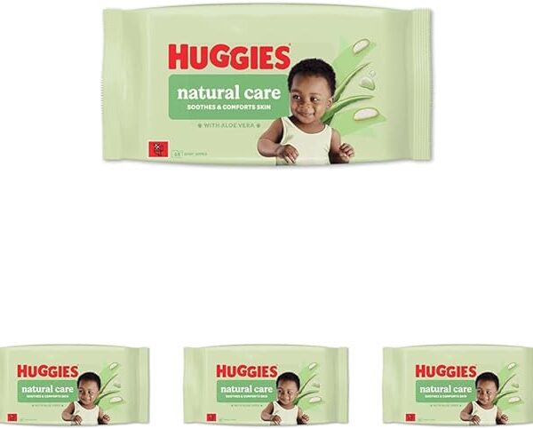 Huggies Natural Care Baby Wipes - Single Pack (48 Wipes) – Plastic Free Wet Wipes with Aloe Vera & Vitamin E, Hypoallergenic, Comfort and Soothe Baby's Delicate Skin (Pack of 4)