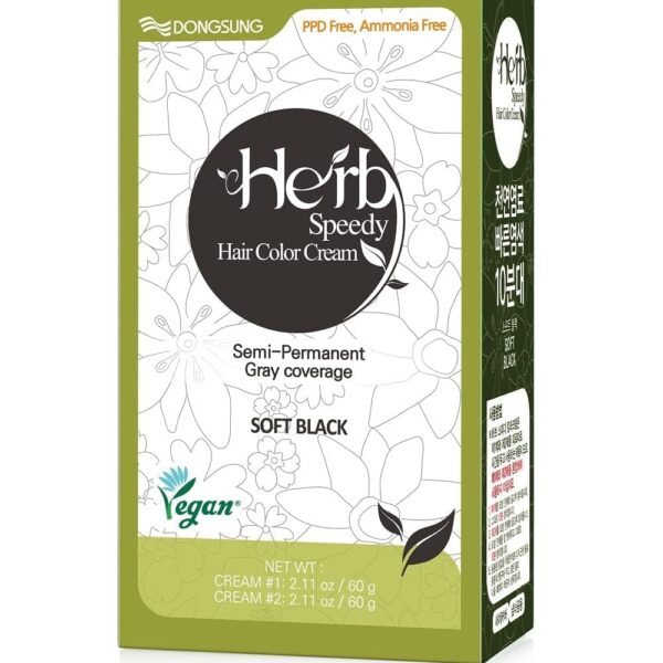 Dongsung Herb Speedy Color Cream Soft Black ? Korean Herbal Vegan Hair Dye, PPD-Free, Ammonia-Free, Hypoallergenic ? 100% Gray Coverage Odorless Dermatologically Tested Quick 20-Minute Application