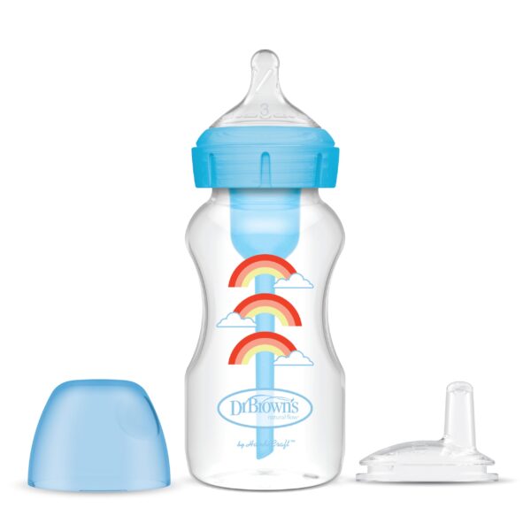 Dr. Brown?s Anti-Colic Options+ Wide-Neck Sippy Bottle Starter Kit, 9oz/270mL, with Level 3 Medium-Fast Flow Nipple and Soft 100% Silicone Sippy Spout, Blue, BPA Free, 6m+