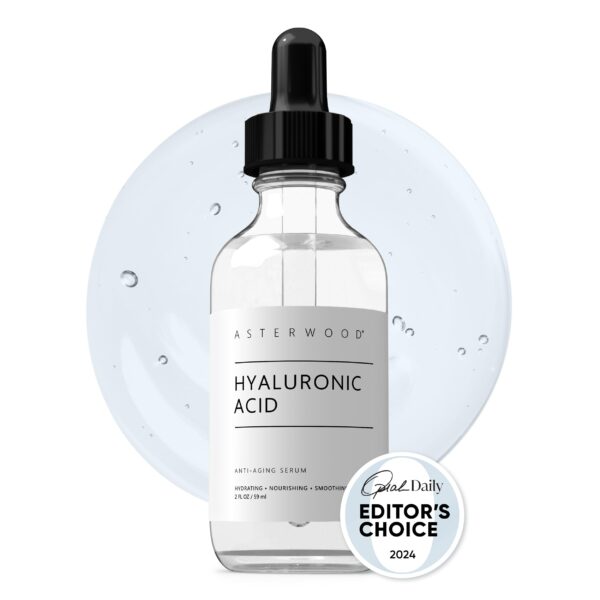 Hyaluronic Acid Serum 2 oz - 100% Pure Organic HA - Anti Aging Anti Wrinkle - Original Face Moisturizer for Dry Skin & Fine Lines - Leaves Skin Full & Plump ASTERWOOD NATURALS Dropper Bottle