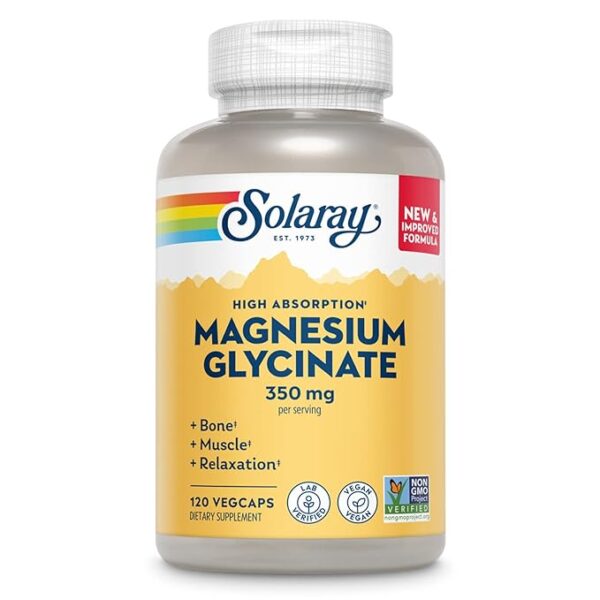 SOLARAY Magnesium Glycinate With Bioperine, Healthy Relaxation, Muscle Function & Bone Support (120 Count) - Capsule