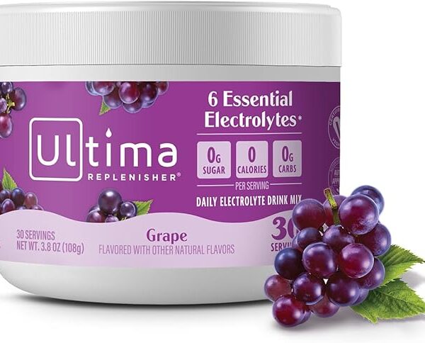 Ultima Replenisher Daily Electrolyte Powder Drink Mix ? Grape, 30 Servings Canister ? Zero Sugar Hydration Powder with 6 Electrolytes & Minerals ? Sugar Free, Plant-Based & Keto Friendly