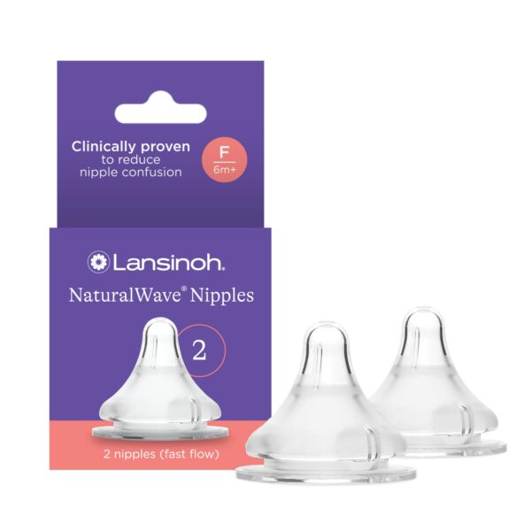 Lansinoh NaturalWave Baby Bottle Nipples ? 100% Soft, Durable Silicone, Made Without BPA BPS, Anti-Colic, Supports The Baby?s Developing Mouth and Teeth, Fast Flow, Size F, 2 Count, 6+ Months