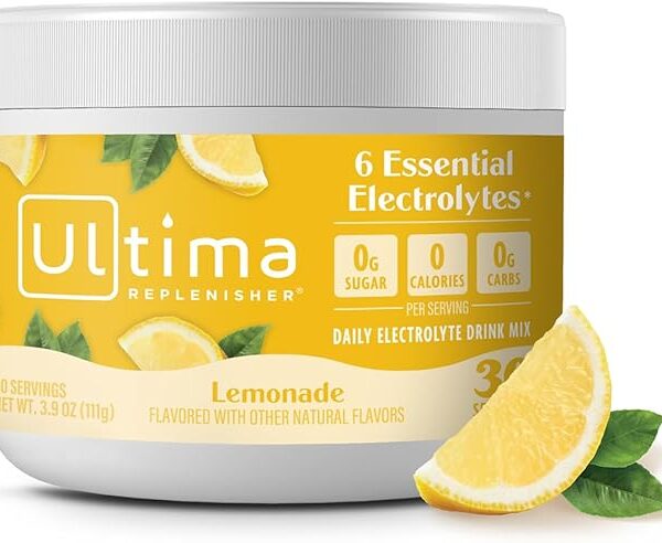 Ultima Replenisher Daily Electrolyte Powder Drink Mix ? Lemonade, 30 Servings Canister ? Zero Sugar Hydration Powder with 6 Electrolytes & Minerals ? Sugar Free, Plant-Based & Keto Friendly