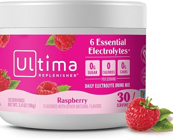 Ultima Replenisher Daily Electrolyte Powder Drink Mix ? Raspberry, 30 Servings Canister ? Zero Sugar Hydration Powder with 6 Electrolytes & Minerals ? Sugar Free, Plant-Based & Keto Friendly