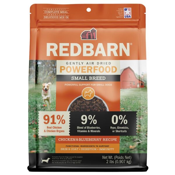Redbarn Powerfood Air Dried Dog Food for Small Breeds - 91% Chicken & Chicken Organs with Blueberries - High Protein Dry Full Feed or Topper Made in USA for Picky Eaters - 2lb