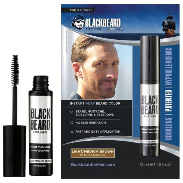 Blackbeard for Men Beard Color ? 1-Day Beard, Mustache, Eyebrow, Sideburns Color ? Temporary Facial Hair Tint - Hypoallergenic Beard Dye Alternative ? Up to 45 applications? Light/Medium Brown, 1 Pack