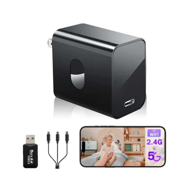 QETATIY 2.4G/5G WiFi Security Camera, 4K Body Camera Charger, Nanny Cam with 160? Wide Angle, Night Version, Motion Detection, Mini Cameras for Home Security