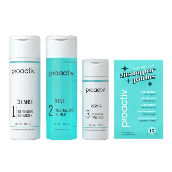 Proactiv 3 Step Acne Treatment System, 60 Day Complete Skincare Kit with Benzoyl Peroxide Cleanser, Toner, Repairing Treatment, and 15-Count Pimple Patch