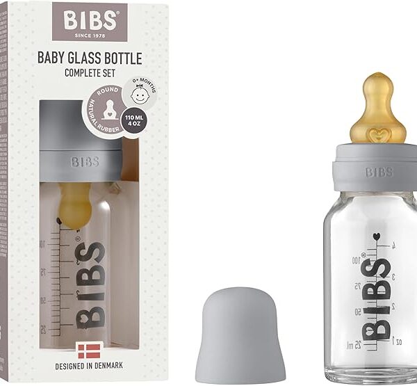 BIBS Baby Glass Bottle. Anti-Colic. Round Natural Rubber Latex Nipple. Supports Natural Breastfeeding, Complete Set - 110 ml, Cloud
