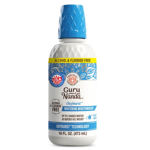 GuruNanda Whitening Mouthwash ? Up to 3 Shades Whiter Teeth in 2 Weeks ? Alcohol & Fluoride Free with Hydrogen Peroxide ? Oxyburst Technology - Wild Mint, 16 oz