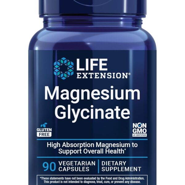 Life Extension Magnesium Glycinate, Heart Health, Bone Health, Nerve and Muscle Support, Highly absorbable, Gluten-Free, Non-GMO, Vegetarian, 90 Capsules