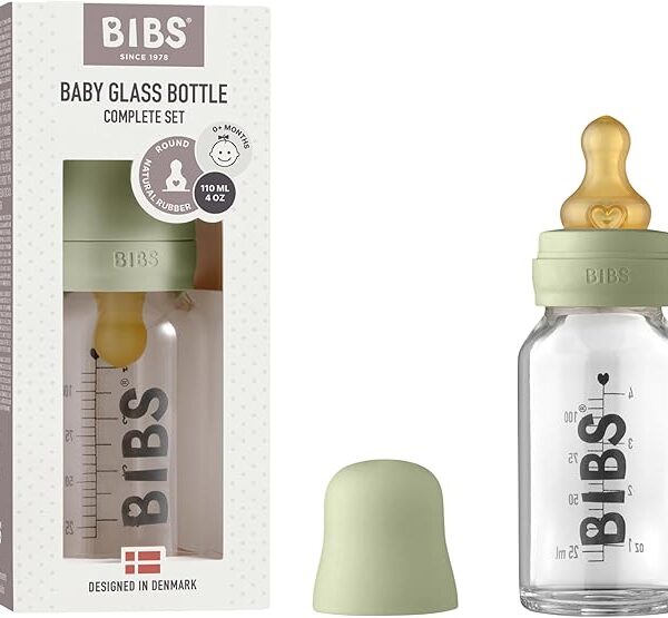 BIBS Baby Glass Bottle. Anti-Colic. Round Natural Rubber Latex Teat. Supports Natural Breastfeeding, Complete Set - 110 ml, Sage