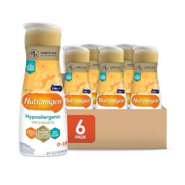 Enfamil Nutramigen Hypoallergenic Baby Formula with Iron, Lactose Free, Colic Relief from Cow's Milk Allergy Starts in 24 Hours, Brain Building DHA, Probiotic LGG for Immune Support, 32 Fl Oz, 6 Count