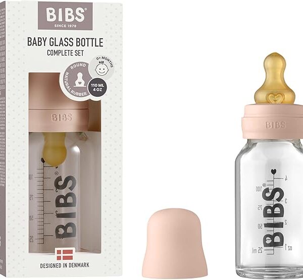 BIBS Baby Glass Bottle Complete Set 110 ml | BPA Free Natural Rubber | Made in Denmark | Blush