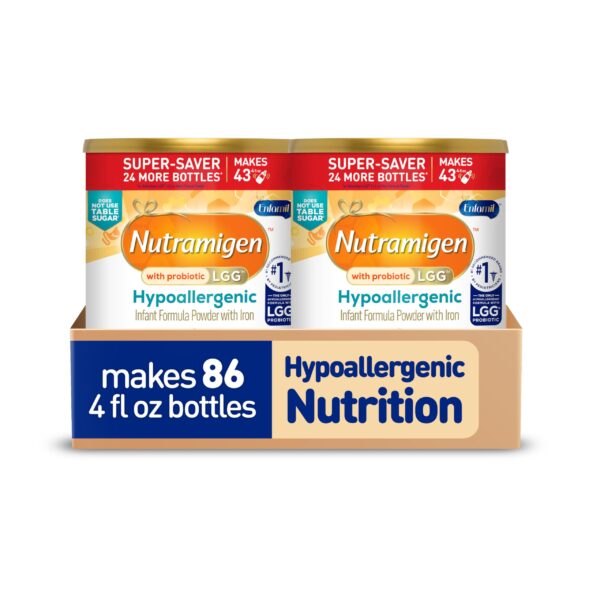 Enfamil Nutramigen Hypoallergenic Baby Formula+ Iron,Lactose Free,Colic Relief from Cow's Milk Allergy Starts in 24 Hours,Brain Building DHA,Probiotic LGG for Immune Support, 27.8 Oz Can (Pack of 2)
