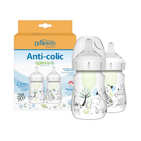 Anti-Colic Options+ Wide-Neck Baby Bottle Designer Edition Bottles, Jungle Decos, 5 oz/150 mL, Level 1 Nipple, 0m+, 2-Pack