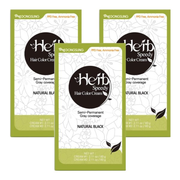 Dongsung Herb Speedy Color Cream (Natural Black, 3 Pack), PPD-Free Ammonia-Free Vegan Gray Coverage Hair Dye with Sun Protection, Odorless, Gentle for Sensitive Scalp, No Eye or Scalp Irritation