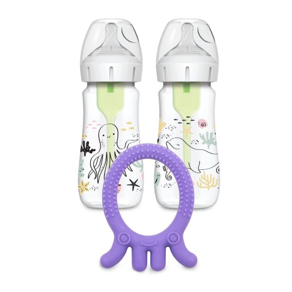Dr. Brown?s Natural Flow? Anti-Colic Options+? Wide-Neck Baby Bottle, Ocean Design, 9 oz/270 mL, Level 1 Nipple, 2-Pack, 0m+ with Flexees Friends Silicone Teether, Purple Octopus