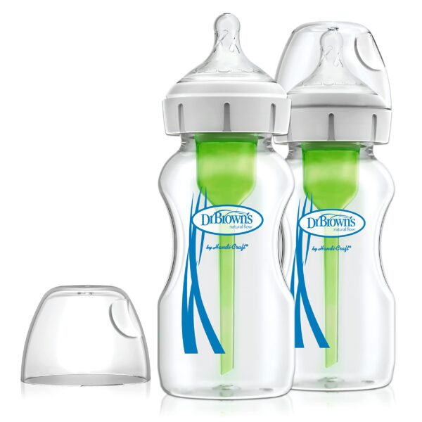 Anti-Colic Options+ Wide-Neck Glass Baby Bottle, 9oz/270 ml, with Level 1 Slow Flow Teat, Pack of 2 Transparent (Packing May Vary)