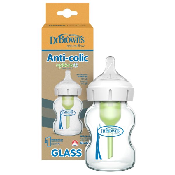 Dr Brown's Natural Flow Anti-Colic Options+ Wide-Neck Glass Baby Bottle, 5oz/150 ml, with Level 1 Teat, Pack of 1