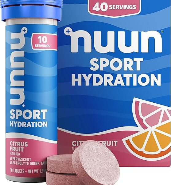 Nuun Sport Electrolyte Tablets with Magnesium, Calcium, Potassium, Chloride & Sodium, Gluten Free & Vegan, Citrus Fruit, 4 Pack (40 Servings Total)